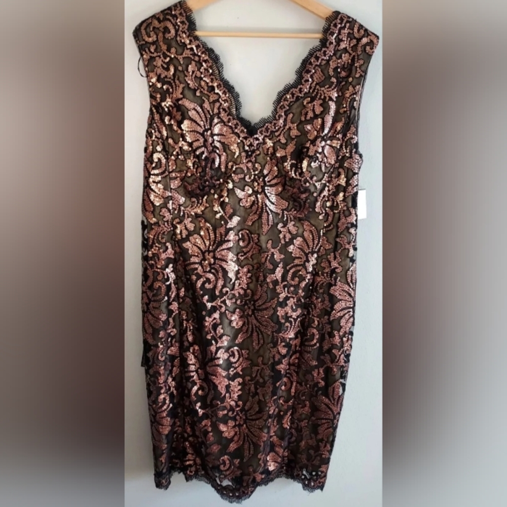 Tadashi Shoji Black Brown Sequin Lace Trim Sheath Holiday Party Dress Size 14Q